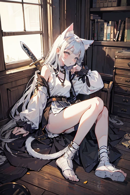 1cute girl, cat ears, cat tail,sword,notclean,fantasy clothes,ruins,Orientalism,