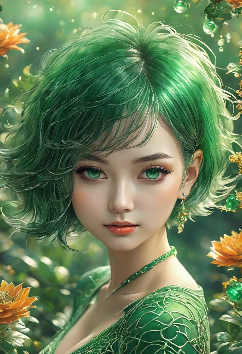 best quality, very good, 16K, ridiculous, Extremely detailed, Emerald，1 girl, solitary，short hair（（Sexy tights）），Large Breasts， （（best quality））， （（Intricate details））（8k）