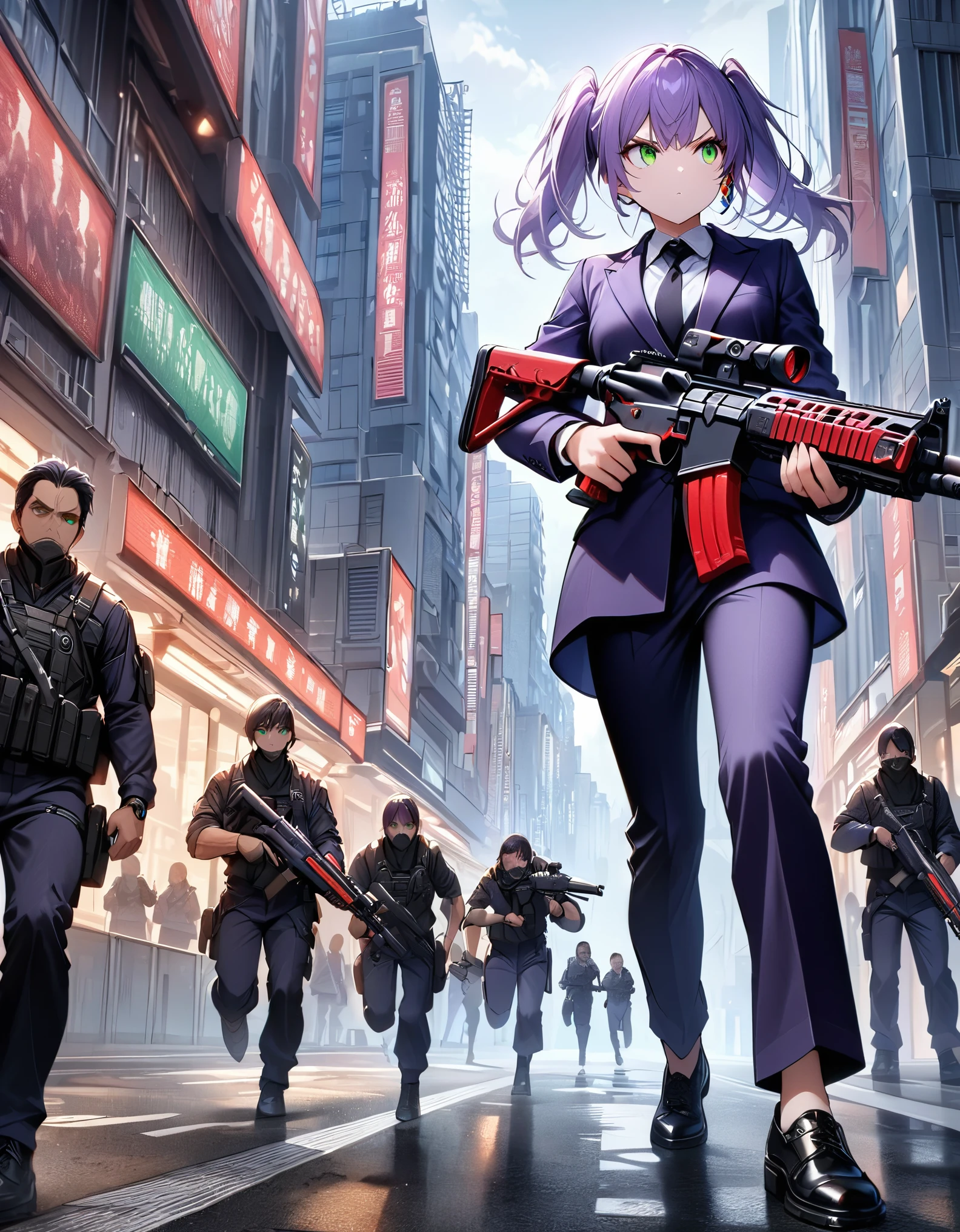 masterpiece, best quality, highres, 1girl, solo, solo focus, purple hair, medium hair, twintails, green eyes, beautiful detailed eyes, beautiful detailed face, cute face, blue earrings. looking away, determined, serious at the ready. dark purple suit and tie, matching pants, slacks, black dress shoes.  standing. tokyo city backdrop, outdoors. holding an assault rifle, trigger discipline. ufo floating at the sky. (ordinary citizens behind her running away for their lives).