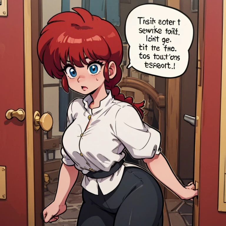 RanmaChan, cabello rojo, Cabello con trenza, ojos azules, ojos detallados, cuerpo completo, posar puerta abierta, coming out of the bathroom, toalla mojada, cara nerviosa, ropa interior