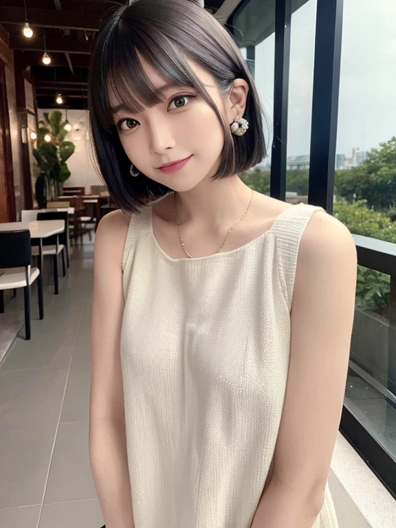 masterpiece, highest quality, High resolution,alone,Two-tone hair, Small earrings,Bob Cut Hair,Artistic,Best lighting,casual,Flat Chest,Beautiful Face,expensive,smile,light makeup,natural,Age 25,Calm woman,Hair blowing in the wind,Blurred Background,Face Focus,Detailed Hair,A woman laughing,Woman in sleeveless,Cafe