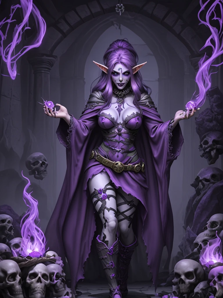 purple hair, elf, necromancer full body, skulls in the background, casting a spell