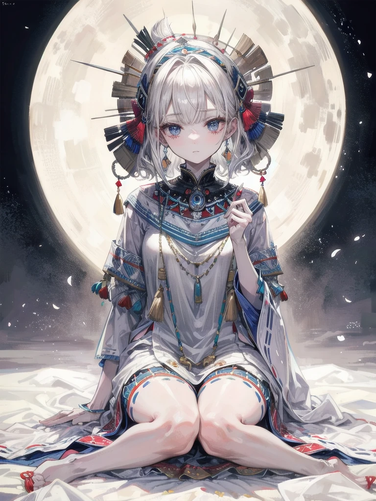tribal head wrappings, poncho, absurdres, RAW photo, extremely delicate and beautiful, masterpiece, Best Quality, ultra high resolution, 32k, hyperrealistic, ultra-detailed, detailed description, pale skin, 20 years old, tearful mole, earring, short medium hair, wavy hair, full body shot,