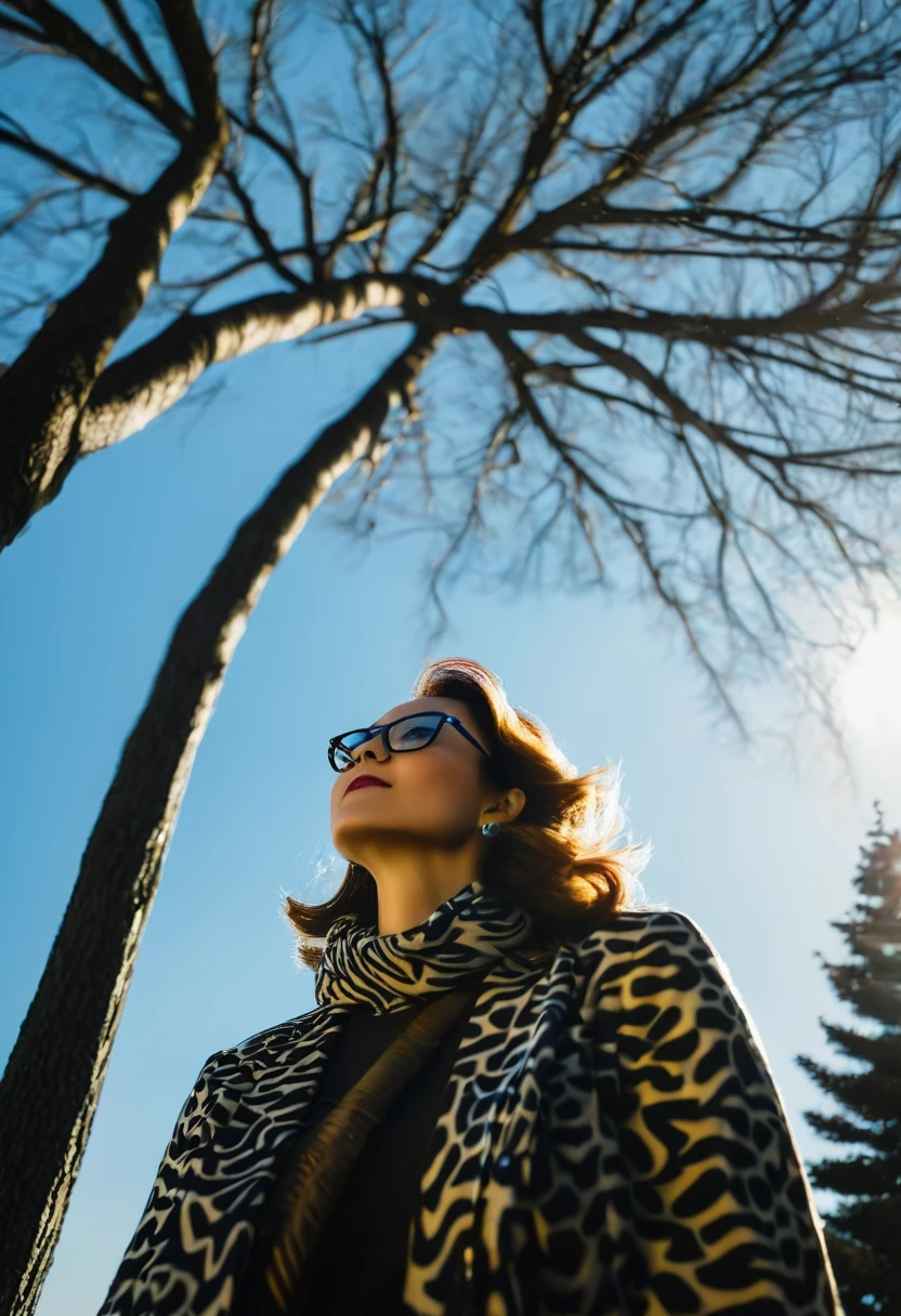 38-year-old woman, with perfect features, wearing square glasses, looking at the sky next to a tree. A solitary tree complements the scene. To capture this extraordinary scene, you need a high-resolution camera, like the Phase One XF IQ4 150MP. .ability to capture light in adverse conditions. Diffuse natural lighting, minimizing strong shadows. Camera settings include medium aperture, adjusted shutter speed, and low ISO. a high-quality wide-angle lens with a focal length of approximately 35mm to capture the entire scene in an immersive way. Sharp, precise details are captured, from wavy hair to intricate clothing patterns, ensuring a natural, stunning image. "