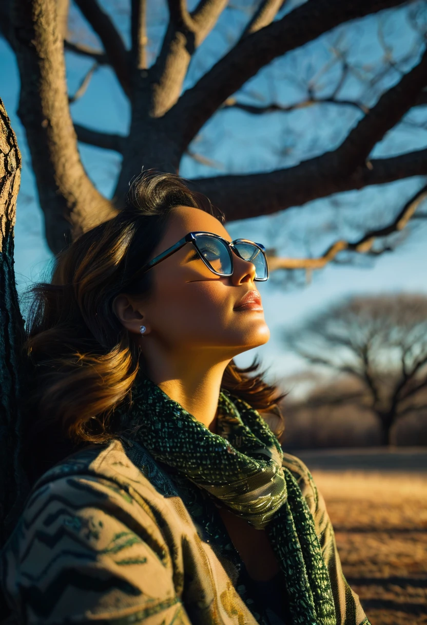 38-year-old woman, with perfect features, wearing square glasses, looking at the sky next to a tree. A solitary tree complements the scene. To capture this extraordinary scene, you need a high-resolution camera, like the Phase One XF IQ4 150MP. .ability to capture light in adverse conditions. Diffuse natural lighting, minimizing strong shadows. Camera settings include medium aperture, adjusted shutter speed, and low ISO. a high-quality wide-angle lens with a focal length of approximately 35mm to capture the entire scene in an immersive way. Sharp, precise details are captured, from wavy hair to intricate clothing patterns, ensuring a natural, stunning image. "