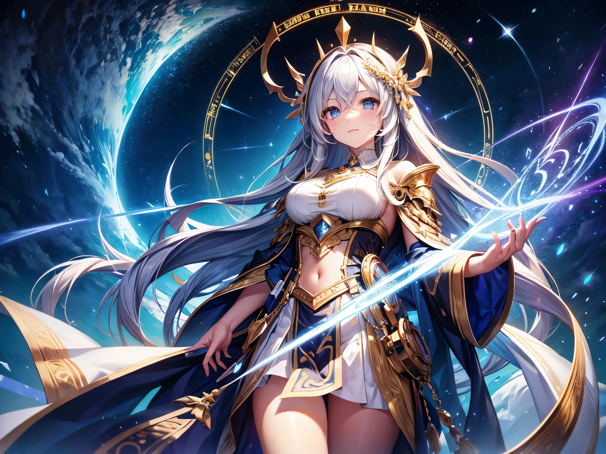 (best quality, ultra-detailed, masterpiece:1.2), fair, spokesmodel goddess, Chronos, eternity, time god, ancient times, mystery, magic, god rays, galaxy, stardust, ethereal face, enchanting eyes, flowing hair, celestial landscape, shimmering long skirt, starry magic circle, ethereal lighting, Octane Render