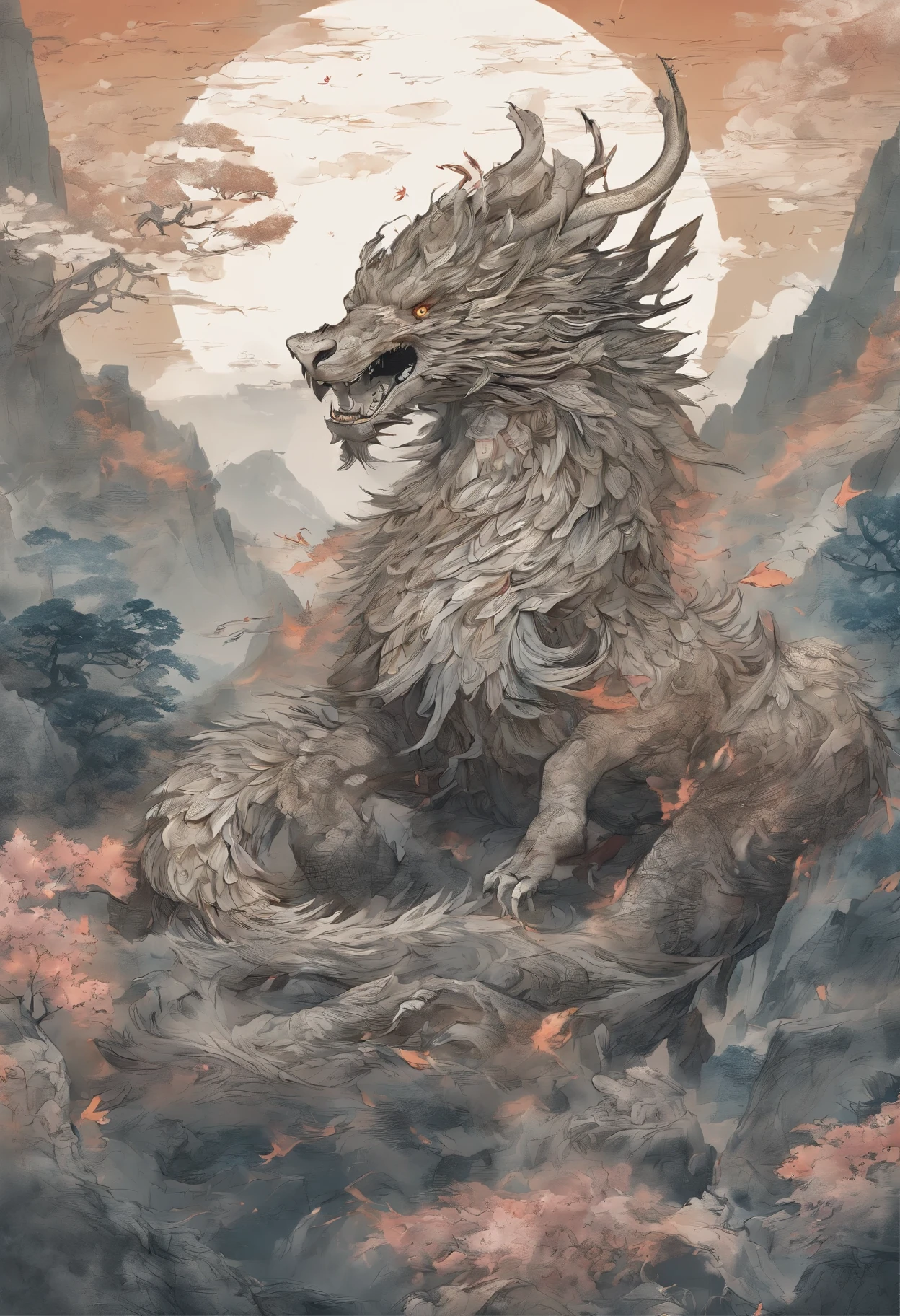 (Best quality at best,8K,A high resolution,tmasterpiece:1.2),ultra - detailed,(actual,realisticlying,Photorealistic:1.37),Ancient beasts from hell,Chinese mythology,Mountain and Sea Sutra,Mountains and sea,Ancient legends,Mythical dragons,Sparkling golden scales,deer antlers,mane hair,Dragon whiskers,sharp talons,beast of prey,bucktooth,sparkling big eyes, Intricate fantasy ink painting, Detailed fantasy ink illustration, The fantasy is very detailed, beautiful detailed fantasy, The magic fantasy is very detailed, Highly detailed fantasy art, Rivendell Epic Fantasy, japanese fantasy, detailed fantasy digital art, chinese fantasy, detailed fantasy art,Dunhuang art、Dunhuang art、All things natural