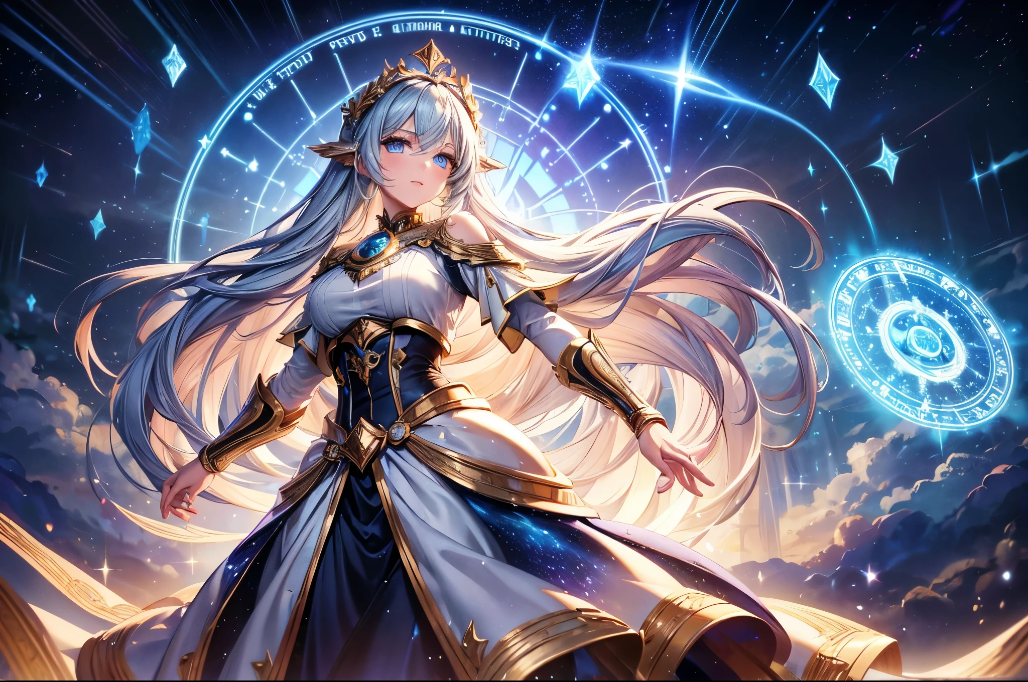 (best quality, ultra-detailed, masterpiece:1.2), fair, spokesmodel goddess, Chronos, eternity, time god, ancient times, mystery, magic, god rays, galaxy, stardust, ethereal face, enchanting eyes, flowing hair, celestial landscape, shimmering long skirt, starry magic circle, ethereal lighting, Octane Render