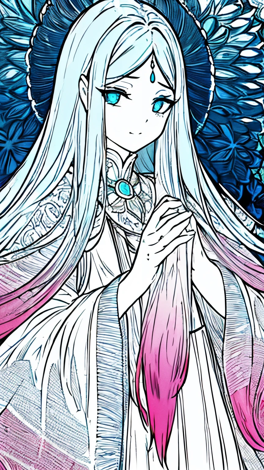 A stunningly intricate (((trichromatic hair color))), combining vivid hues of white, cyan, and pink in a luxurious interwoven pattern that complements deep blue eyes and a glare