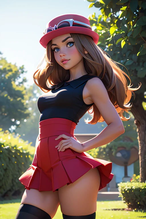 (ultra realistic,32k, masterpiece:1.2), (high detailed skin:1.1), (high quality:1.1), serena, long hair, blue eyes, brown hair, eyewear on head, hat, extremely short skirt, cameltoe, sunglasses, shirt, black shirt, sleeveless, red skirt, thigh highs, pink hat, lying on the grass in a park, legs spread, (looking at viewer, standing,:1.1), (medium breasts,:0.9), (soft shaded neon light:1.1),