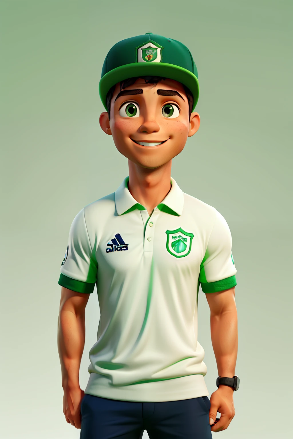 Cristiano ronaldo con gorra verde, polo blanco, sonriendo, con un balon de oro alado