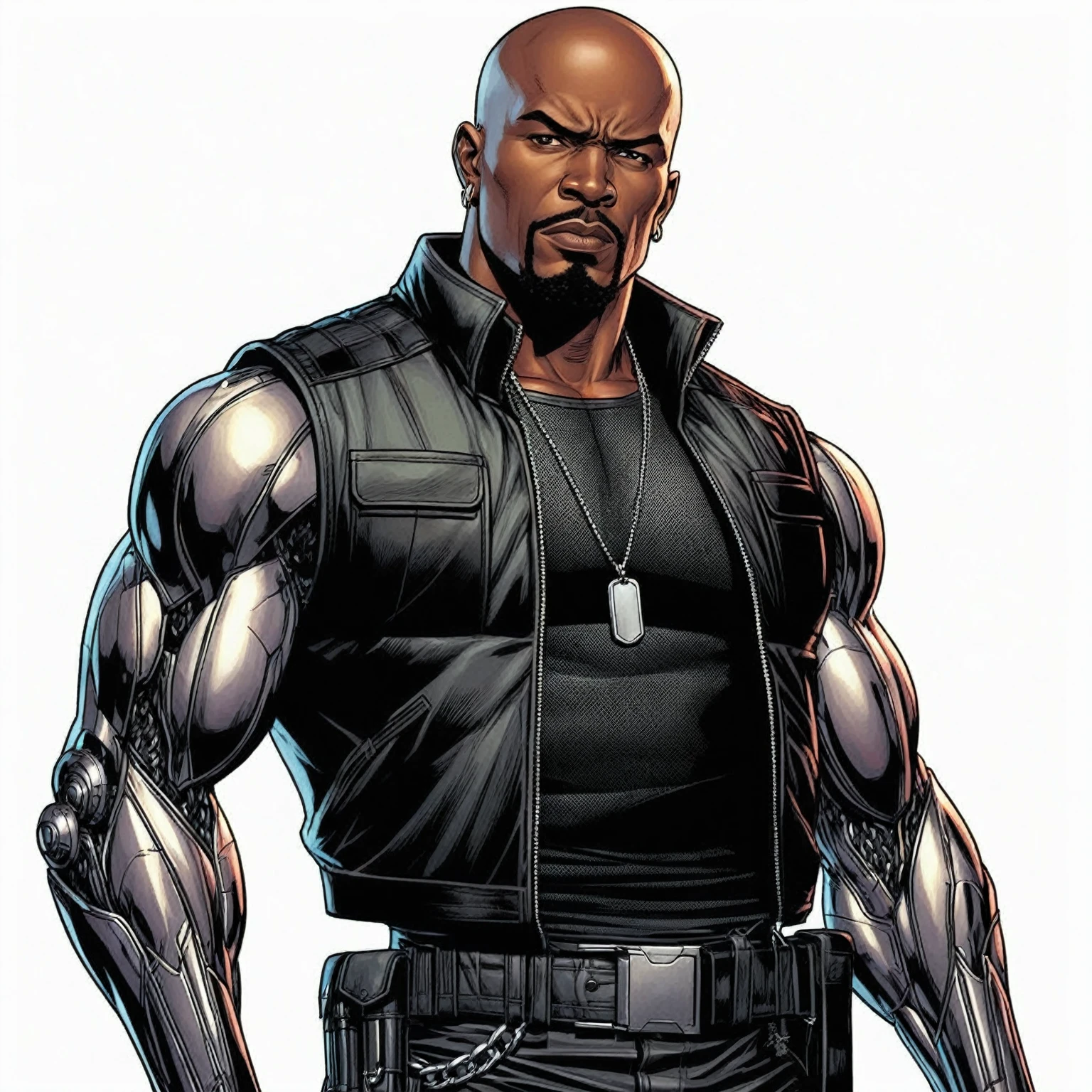 a close up of a man in a vest and a chain, black main color, textless, kane from command & conquer, marvel comic book characters, blade, mace and shield, john alvin, artwork of pedro bell, tor from marvel, shaft, official art, mike deodato jr, as a panel of a marvel comic, david finch, hero