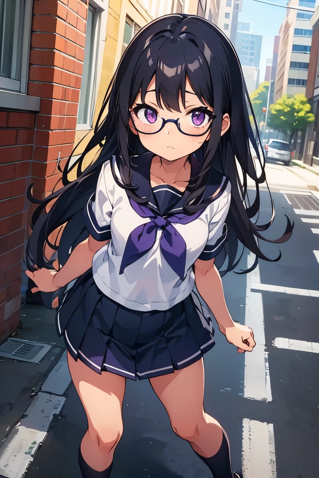 Elementary school girl　8-year-old　Flat Chest　Black Hair　Long Hair　Purple eyes　1 person　Glasses　Short-sleeved sailor suit　Navy blue mini skirt　White panties　White socks　sneakers　Are standing　Dynamic Angle　Low Angle