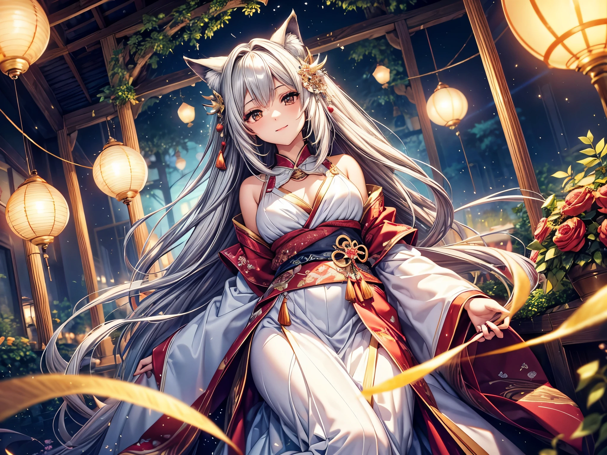 a young beautiful woman with long flowing hair, resembling the mythical Japanese nine-tailed silver fox, wearing a dress. Her nine tails spread out behind her like a fan. She is smiling, with a thoughtful expression on her face. The artwork is of the highest quality, with ultra-detailed features. It is a masterpiece of surrealism, showcasing a mesmerizing play of lights. The scene is illuminated by the soft glow of fireflies, creating a magical atmosphere. The artwork incorporates sparkling sequins, adding a touch of glamour. The final image is rendered using Octane render.