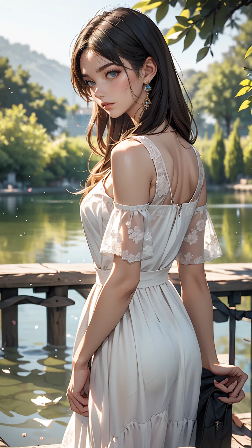 Quiet Lake、One white woman、Standing on the lakeside