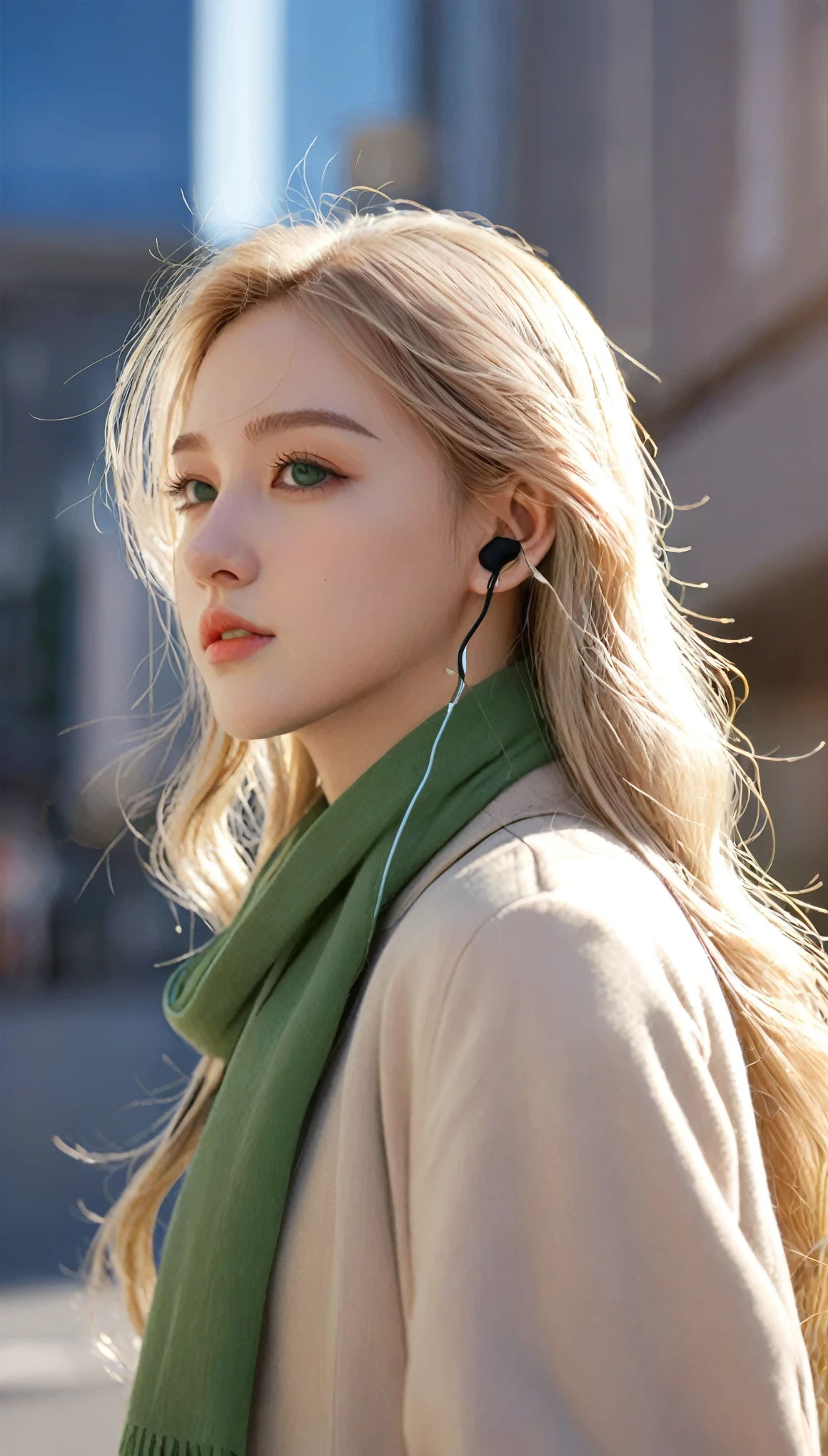 (masterpiece), (best quality, high resolution, Very detailed, illustration), 1 Girl, Solitary, City, contemporary, Profile picture close-up, Long blonde beige hair, Green Eyes, Beautiful and delicate eyes, Squat, earphone, 8k, Popular on artstation, Pixiv Featured