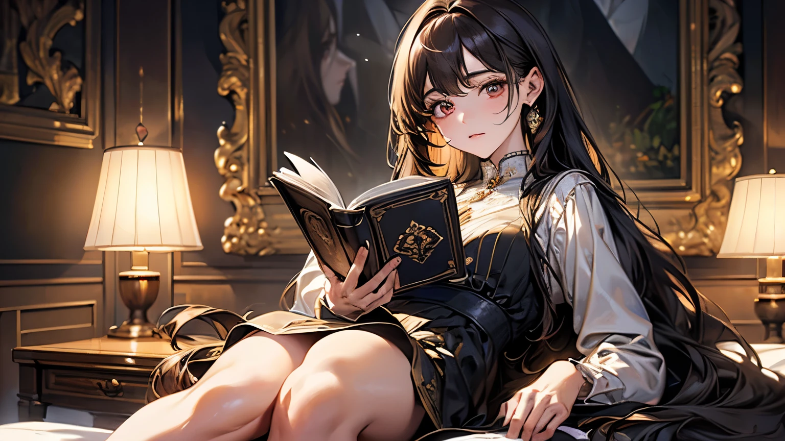 ((highest quality)),(超A high resolution),(Very detailed),(Detailed Description),((The best CG)),(masterpiece),Highly detailed art、(highest quality、8k、32k、masterpiece)、(Realistic)、(Realistic:1.2)、(High resolution)、Very detailed、Very beautiful face and eyes、1 female、((Narrow eyes、Droopy eyes:1.4、fine grain))、Tight waist、Delicate body、(highest quality、Attention to detail、Rich skin detail)、(highest quality、8k、Oil paint:1.2)、Very detailed、(Realistic、Realistic:1.37)、Bright colors,mini skirt,Attractive legs,Reading a book