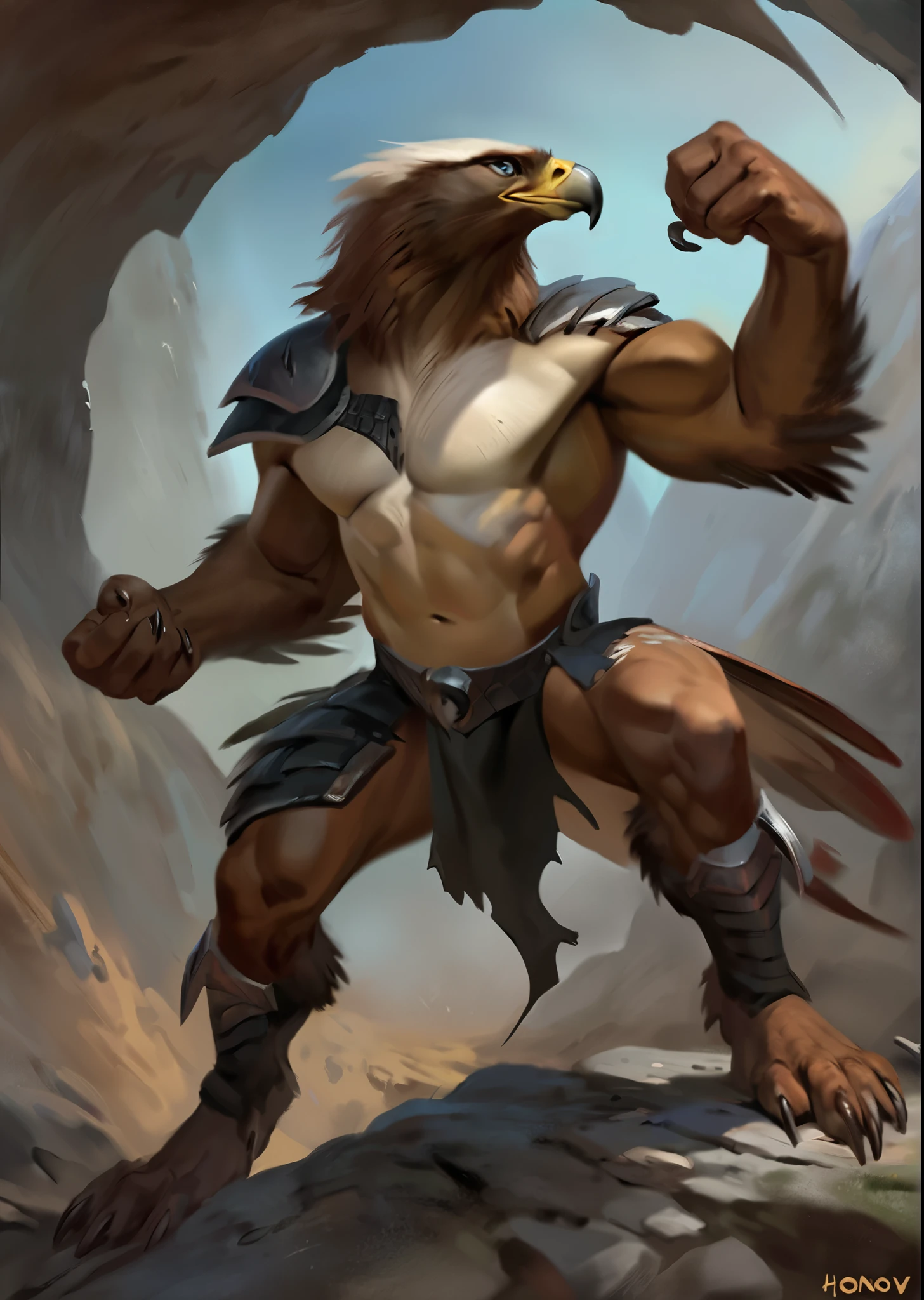 Eagle, comic book style, illustration, solo, ferocious, male, [[badass pose]], torn armor, masterpiece, best art, full body, by chunie, by taran fiddler, by honovy, detailed eyes, detailed body, claws, masculine body shape, fantasy, tall, topless, pecs, biceps