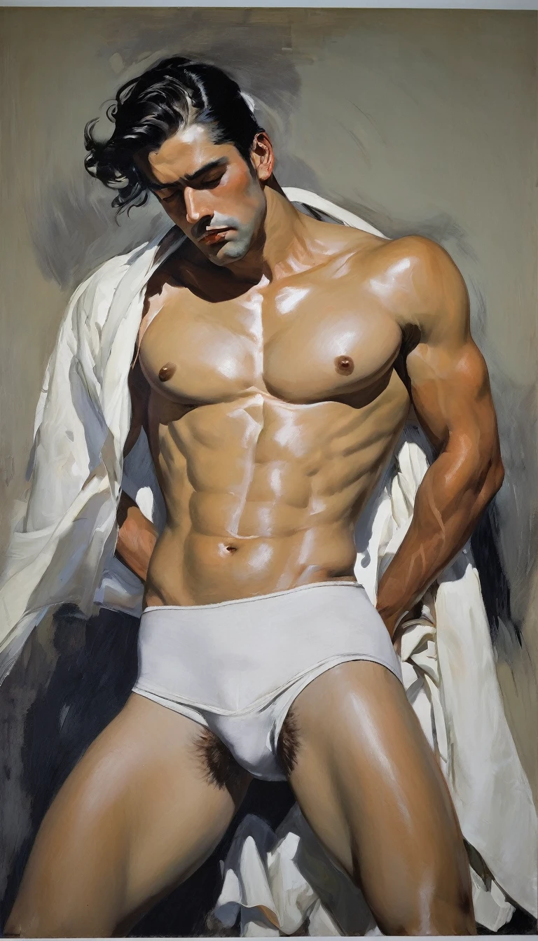 chiaroscuro technique on sensual illustration of an arafed man in white underwear, sexy masculine, diego fazio, male model, by Ludovit Fulla, model with attractive body, inspired by Ludovit Fulla, mid-shot of a hunky, the model draped in flowing, thick oil painting by Harumi Hironaka, extremely soft colors, vibrant, highly detailed, malcolm liepke painting, oil on canvas, high contrast, dramatic, refined, tonal, Create high contrast between light and shadow