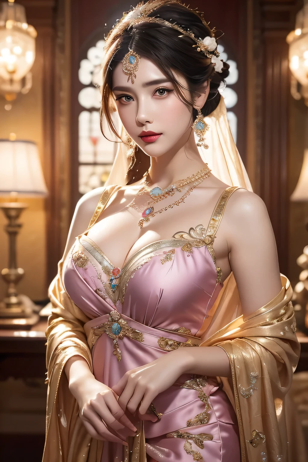 High-quality work,Realistic works,Super premium graphics,8K HD CG works,high quality graphics,High-definition and exquisite CG works,10x pixels,Ultra-fine details:1.1,Advanced technical details:1.1Realistic photo effects,Interior lighting effects:1.5,natural soft light:1.5. Light effect(Virtual light effects:1.8),ultra high resolution,shining dress,sliver long hair,silber hair,transparenthair,high detailed hair(Quality hair details:1.1)Clear eyes,Double eyelids look good,Sharp eye makeup, Create exquisite eyelash makeup, tthin eyebrows, Ultra-detailed eyes,a tall nose, lovely red lips, rosey cheeks, With delicate makeup on her face , pretty face, The face shape is perfectly proportioned,(Advanced facial details:1.1)1 zodiac goddess from the future, wearing a thin silk dress, the goddess of the palace is beautiful, the goddess of the zodiac is wearing a colorful thin silk dress with sexy white and black lace trim, the goddess gives off a bow aura vibrant purple-pink zodiac, the stars have the shapes of the 12 zodiac, the goddess of the zodiac in a thin silk dress the golden zodiac with many black details, the mythical goddess of the 12 zodiac , zodiac ♏, royal zodiac style, dark and mysterious version, Full breasts, big and round breasts, well-proportioned and beautiful red lips, character by karol bak and pino daeni, intricate details, detailed background, many background objects, extremely detailed, magic light, a woman, long hair dyed in seven colors and neatly tied up, mold the face is clearly drawn without scars, the face is beautiful and the eyes are proportionate, the red lips are pretty and attractive, the eyes are big and round and the makeup is very beautiful and detailed, far focus, thin silk dress ,page hair jewelry, neck jewelry, dress jewelry, arm and thigh jewelry, goddess leg jewelry, mystic jewelry, body portrait, drooping arms, sexy zodiac goddess and charm,Women's artwork,Dress full body video,Realism,Amazing Cleavage,My eyes are very bright today