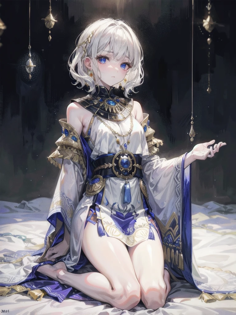 tribal poncho, absurdres, RAW photo, extremely delicate and beautiful, masterpiece, Best Quality, ultra high resolution, 32k, hyperrealistic, ultra-detailed, detailed description, pale skin, 20 years old, tearful mole, earring, short medium hair, wavy hair, full body shot,