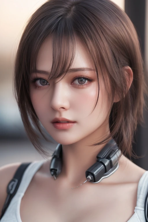 (( brackneck cover 、cyber punk ))、(8k, Realistic, RAW Photos, highest quality: 1.3), (One Girl), so beautiful, (Realistic Face), ( ponytail )、, Silver Color berry Shorthair), beautiful , ( neck cover 、cyber punk )、 A brilliance that captivates the viewer, beautiful expression, beautiful breasts, (Realistic Skin),