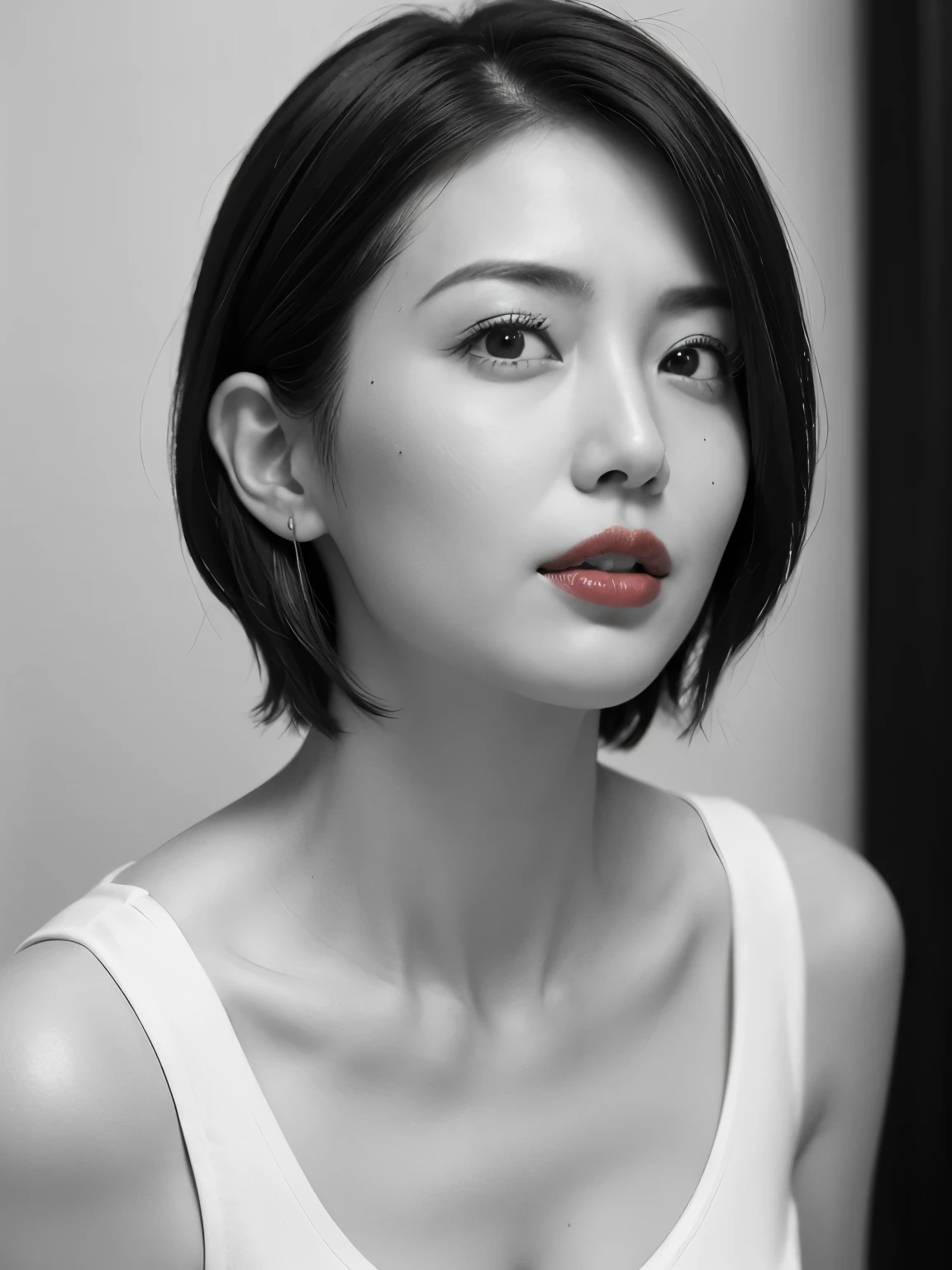 highest quality, Realistic, Very detailed, High resolution, 8k wallpaper, RAW Photos, Professional photography, Photorealistic, 1 girl, (((Black and white photography))), (((Only lips red))), Upper Body, short hair, Bob Hair, Straight Hair, Shapely small breasts, Perfect Face, ((Looking at the camera)), (From below)