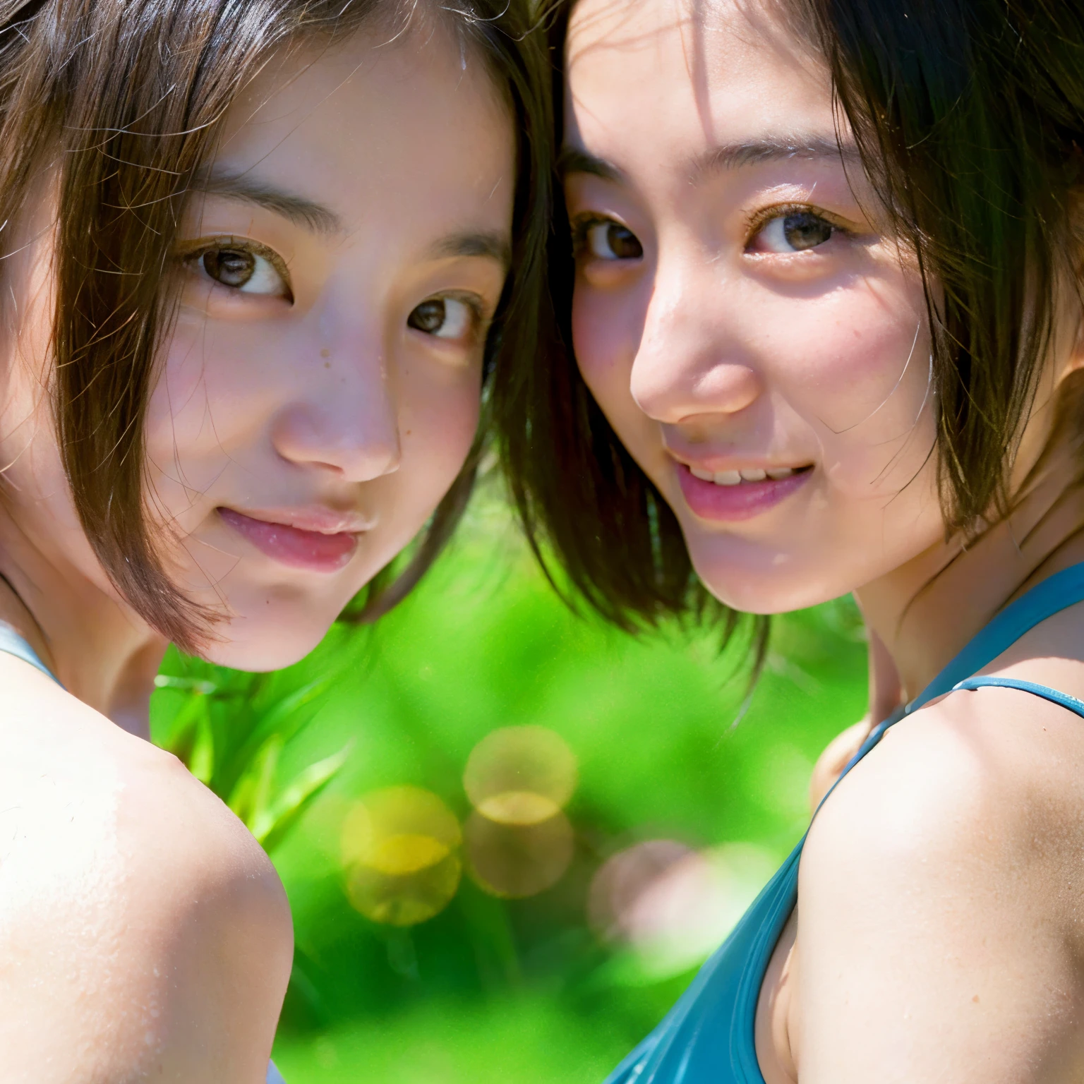 Identical twin sisters cheek to cheek、{highest quality}, {{masterpiece}}, {Very delicate and beautiful},Outstanding light and shadow, Highly detailed wallpaper,Sunny and bright sunlight,Two Girls,Light clothing、Wandering gaze,blush,Strong sunlight,Delicate and messy hair,Realistic skin texture, Pronounced pores and skin wrinkles,tropical rain forest,((Strong light hitting your face)), Upper body
