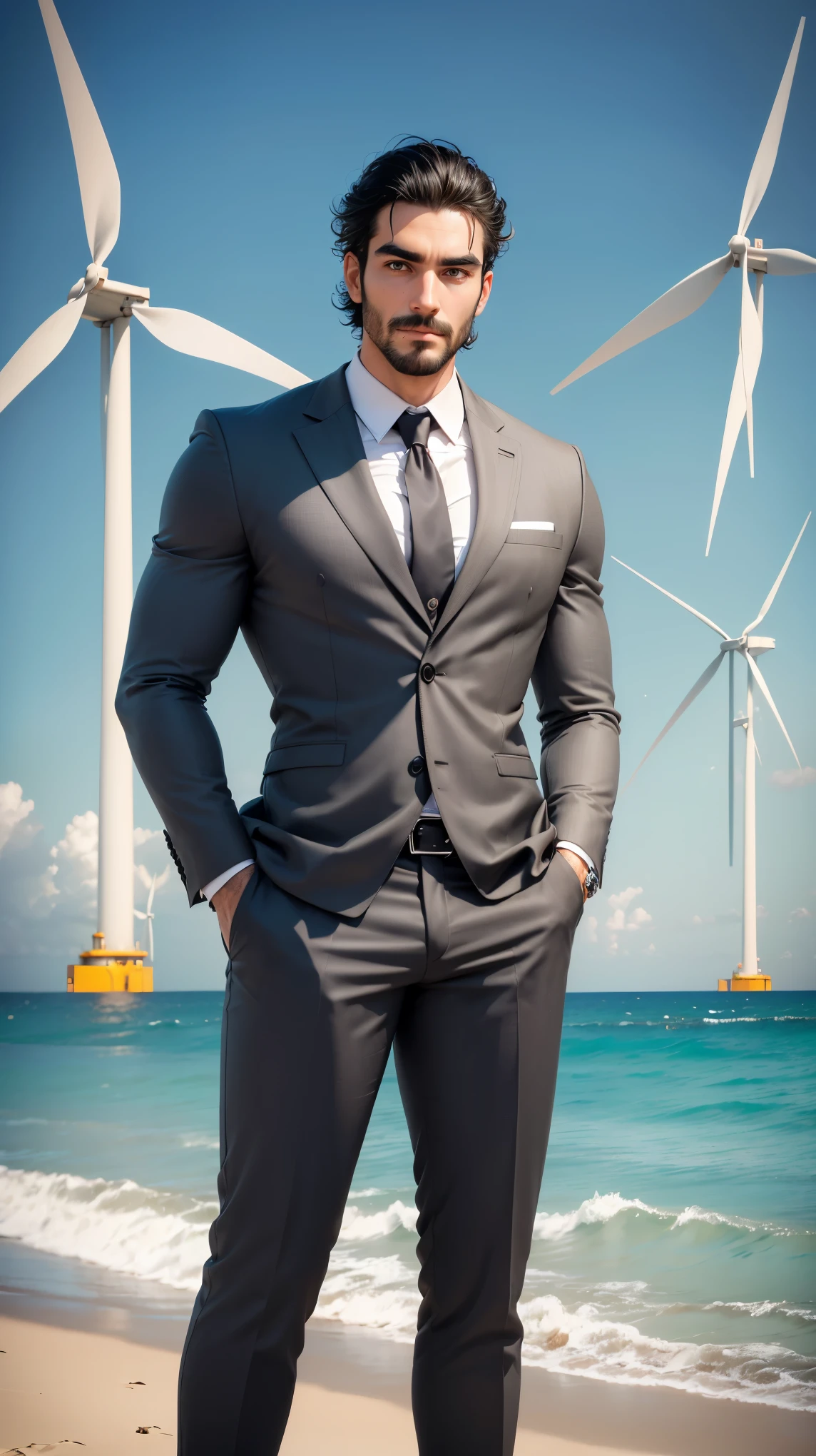 31 year old man, wearing a gray suit, luxury watch on his wrist, big face, thick eyebrows, mustache, dark hair, wearing a white shirt, (((super detailed face))), (((super detailed eyes)) ) , full body, hyper detailed, Hyper definition, hyper quality, Hyper resolution, Perfectly detailed, perfectly designed, Left arm muscle pose, looking at the camera, (((n the background on the horizon on a beach that has wind turbines that generate wind energy )))