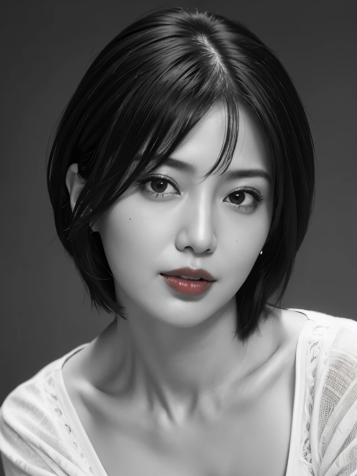 highest quality, Realistic, Very detailed, High resolution, 8k wallpaper, RAW Photos, Professional photography, Photorealistic, 1 girl, (((Black and white photography))), (((Only lips red))), Upper Body, short hair, Straight Hair, Shapely small breasts, Perfect Face, ((Looking at the camera)), (From below)