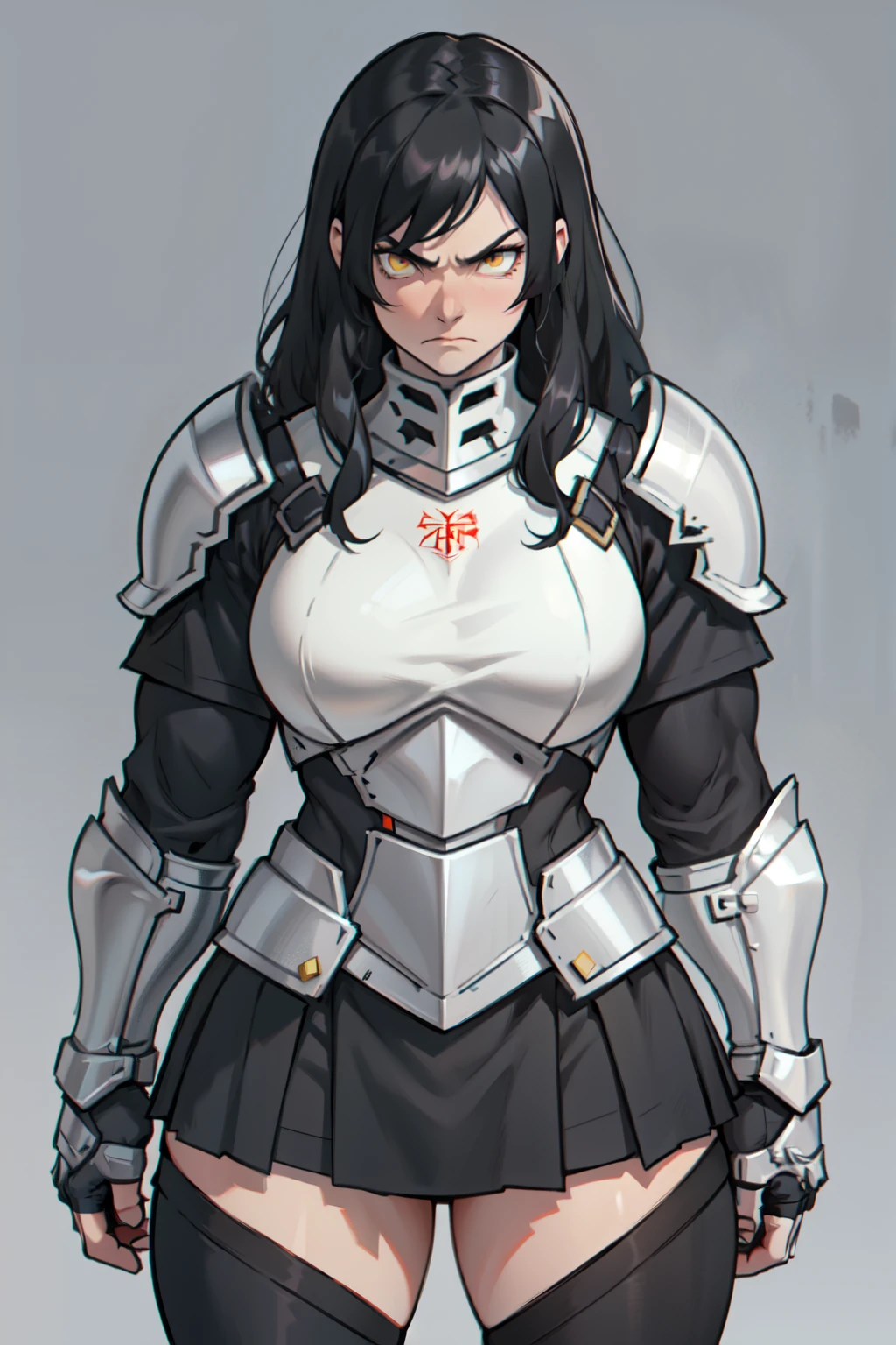 grey background (((muscular))), (thick thighs, toned body, 1 girl), black hair, pale skin, yellow eyes, angry, very long hair armor armor armor armor armor armor armor armor armor armor armor armor armor armor armor armor armor armor armor armor armor armor armor armor armor armor armor armor armor armor armor armor armor armor armor armor armor armor skirt