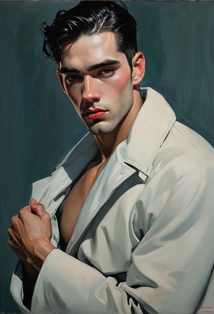 chiaroscuro technique on sensual illustration of an arafed man in white jacket, sexy masculine, diego fazio, male model, by Ludovit Fulla, model with attractive body, inspired by Ludovit Fulla, mid-shot of a hunky, the model draped in flowing, thick oil painting by Harumi Hironaka, extremely soft colors, vibrant, highly detailed, malcolm liepke painting, oil on canvas, high contrast, dramatic, refined, tonal, Create high contrast between light and shadow