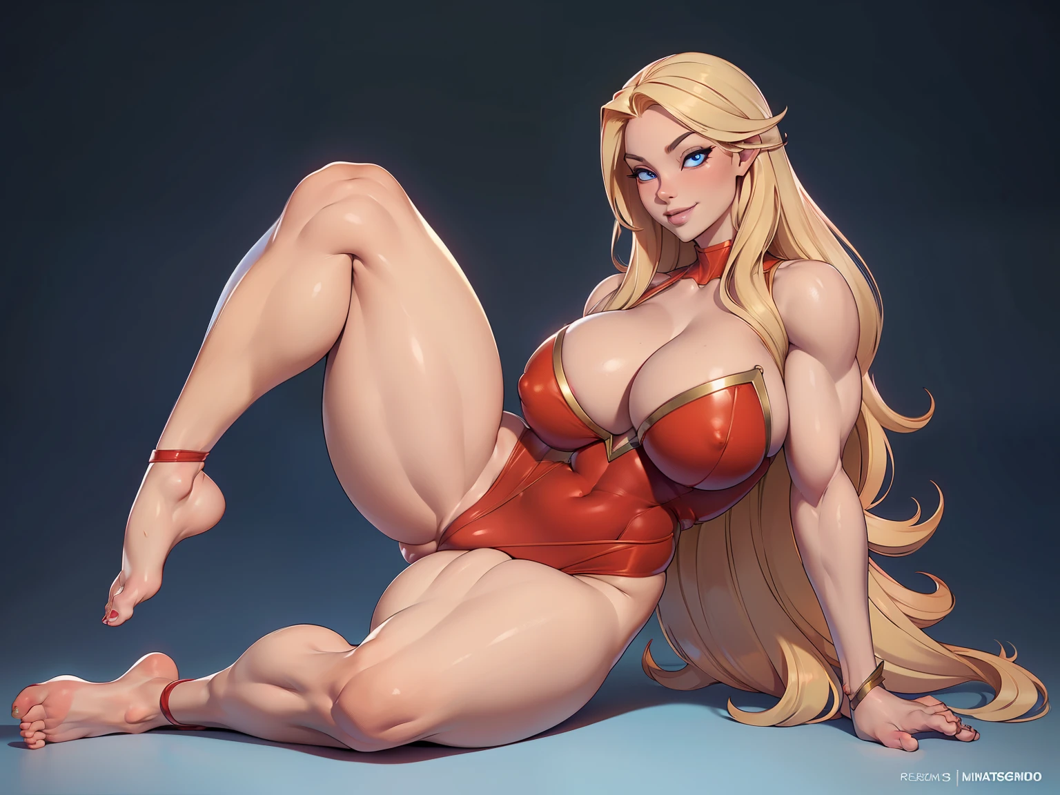 full body shot, barefoot,Best Quality, 超A high resolution, Photo Shot, (Photorealistic:1.4), blonde, (Succubus), (with red tail),(red tiny orns) (leotard highcut, sexy body, voluptuous, Detailed eyes, Detailed face, lightsmile, perfect face, blue eyes, pale skin, porcelain skin, hourglass body,giant breasts, sagging breasts, big cleavage,defined abdomen, evident details of the vulva, big vulva bulge,thighs with visible muscles, thick legs, muscular calves, perfect feet,(sexy pose) ((legs apart))
