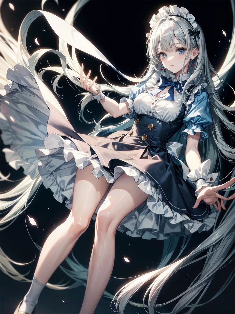 Alice in Wonderland, dark blue dress, mini skirt, white apron, white socks, Dutch Cape, absurdres, RAW photo, extremely delicate and beautiful, masterpiece, Best Quality, ultra high resolution, 32k, hyperrealistic, ultra-detailed, detailed description, pale skin, 20 years old, tearful mole, earring, Colossal tits, short medium hair, wavy hair, full body shot,