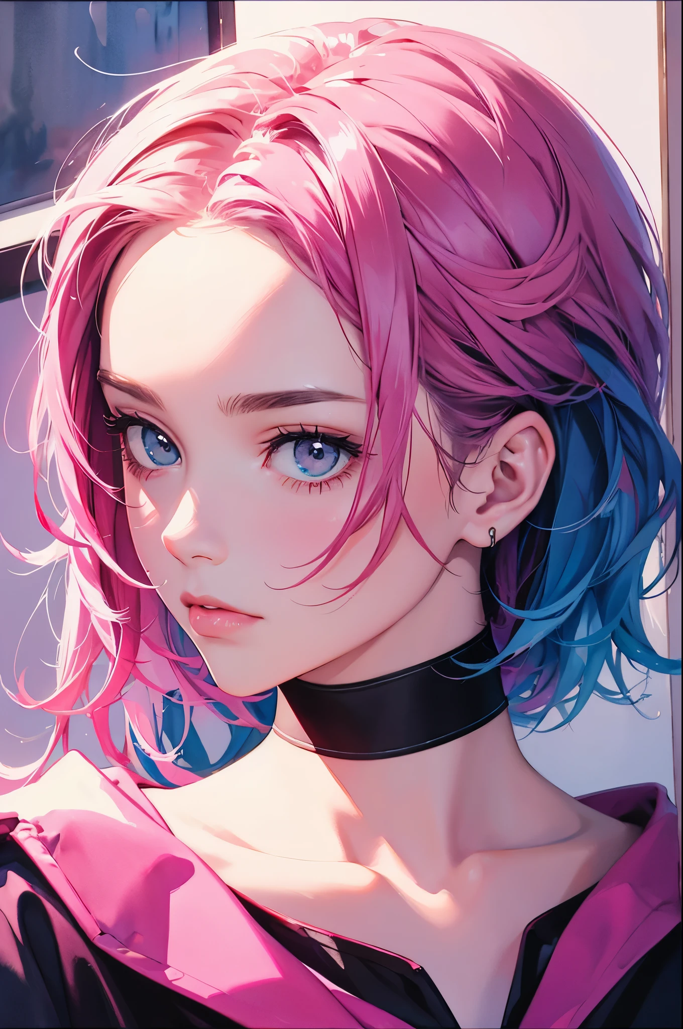 watercolor and oil painting fusion, best quality, hot pink artwork, white line art, beautiful woman self portrait, light up