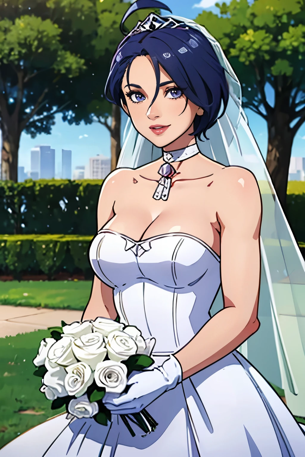 1girl, solo,Shamir fe, crown,earrings ,lipstick, eye shadow, makeup, hair between eyes, ahoge, hair ornament, gloves, dress, cleavage, bare shoulders, collarbone, white oprea gloves, white gloves, white dress, strapless, white choker, tiara, veil, strapless dress, wedding dress, bridal veil, beautiful woman, perfect body, perfect breasts, wearing a wedding dress, ball gown, in the park trees, wedding decorations, looking at the viewer,  smile, realism, masterpiece, textured skin, super detail, high detail, high quality, best quality, 1080p,