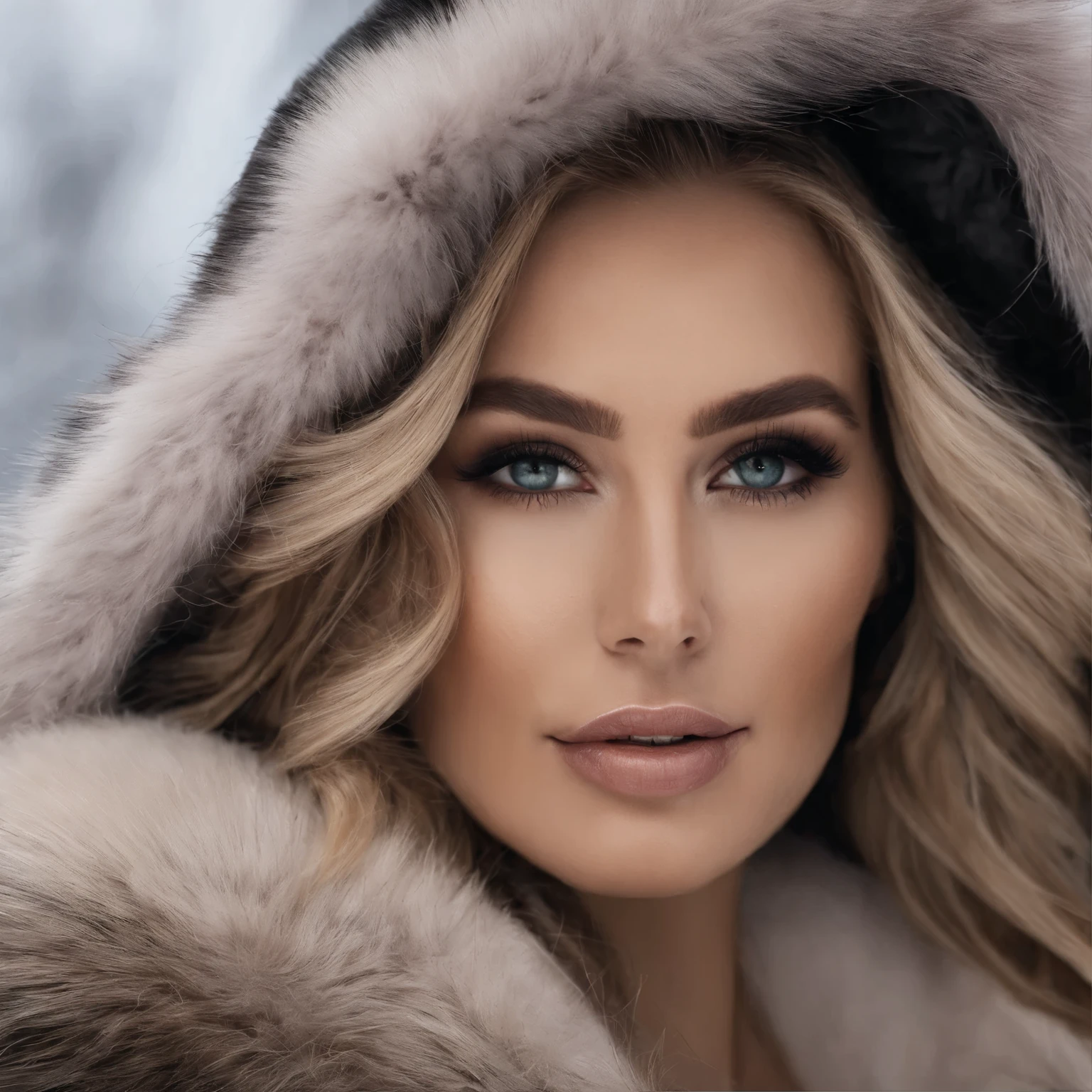 femme 42 ans, MILF , Fille sexy aux yeux bleus, ultra realistic, Meticulously detailed, Portrait de Sophie Mudd, cheveux blonds et grands yeux, selfie d&#39;une jeune femme, Yeux de chambre, Violette Myers, sans maquillage, Maquillage naturel, regarder directement la caméra, mec avec artgram, maquillage subtil, eveloped with a very voluminous white mink fur coat with very thick white fluffy fur collar ,  Superbe photo de tout le corps, Nature, sunlight, souriant, buste sexy de grande taille