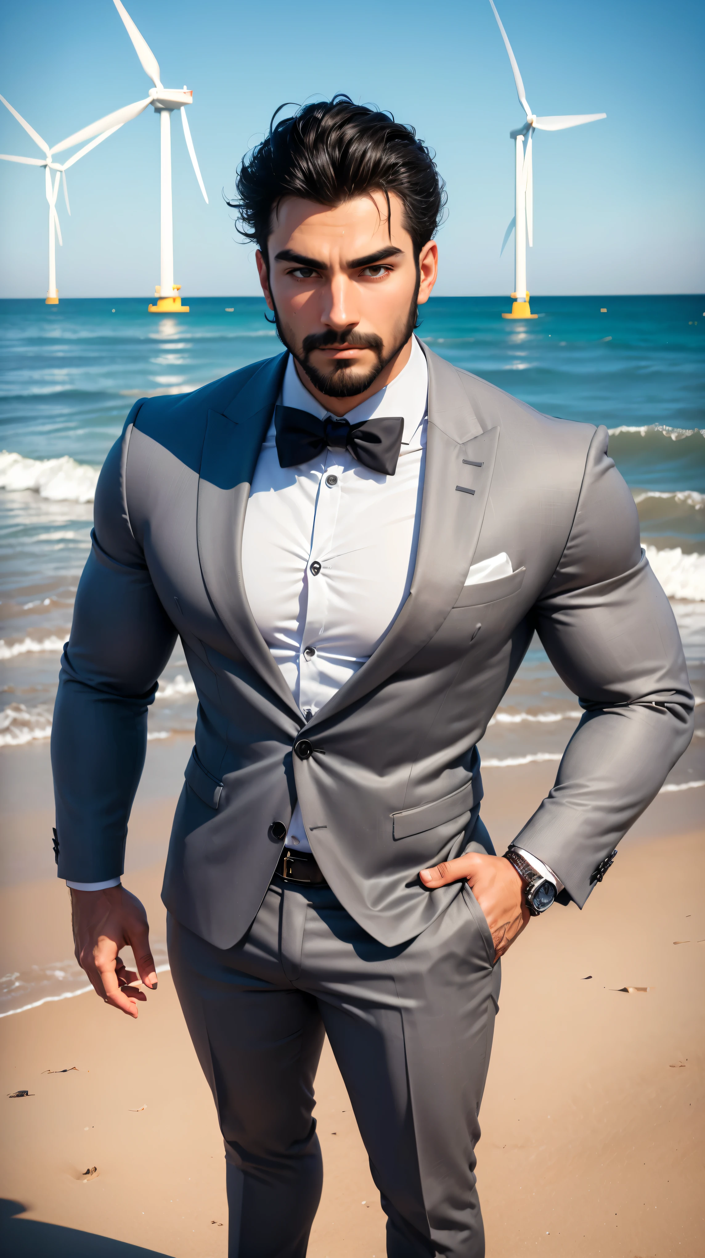 31 year old man, wearing a gray suit, luxury watch on his wrist, big face, thick eyebrows, mustache, dark hair, wearing a white shirt, (((super detailed face))), (((super detailed eyes)) ) , full body, hyper detailed, Hyper definition, hyper quality, Hyper resolution, Perfectly detailed, perfectly designed, Left arm muscle pose, looking at the camera, (((n the background on the horizon on a beach that has wind turbines that generate wind energy )))