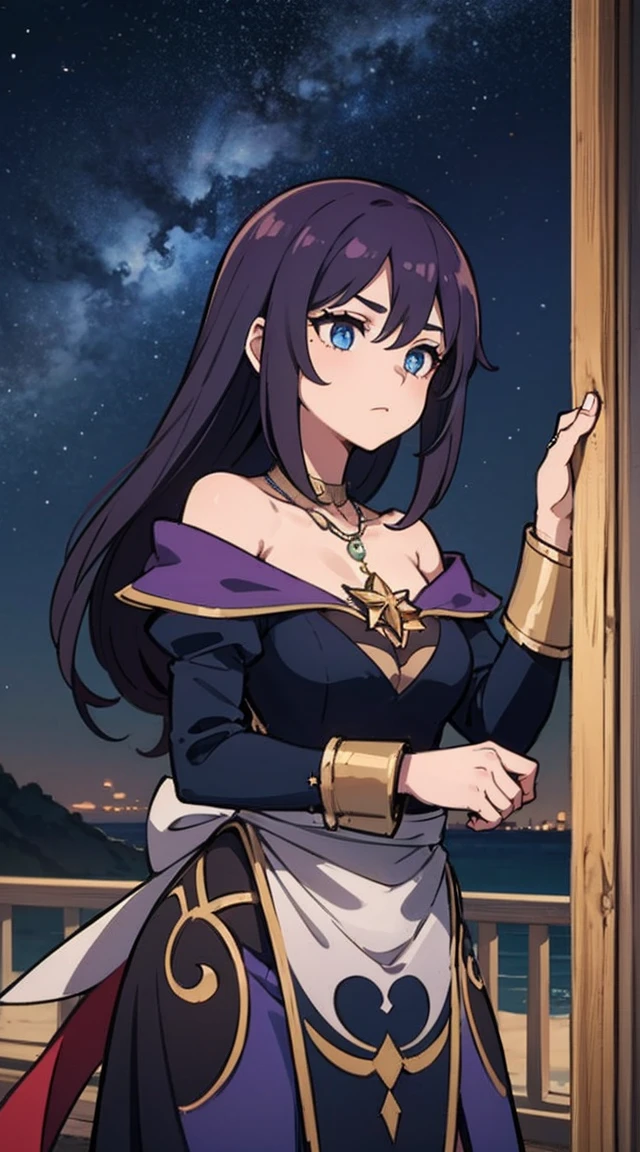 girl, Located in the corner, looking at the Sky, Solitary, Mona (Genshin Impact), Necklace, Hair between the eyes, Star (Symbolism), Long hair, Dark purple hair, Double tail, blue eyes, Shining eyes, jewelry, witch, maid, Bangs, Purple black dress, Purple skirt, White apron, landscape, night Sky, Star (Sky), Starry Sky, night, outdoor, cloud, reflection, water, magic, Tarot cards, water magic, ((beautiful golden crystal Star)),  space, water droplets, splash