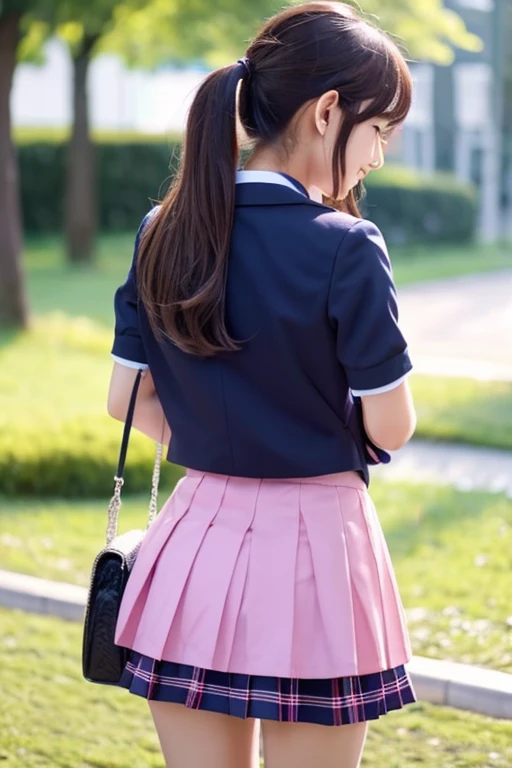 beautiful girl、Schoolgirl uniform、pink、Idol、cute、mini skirt、Back view、One girl