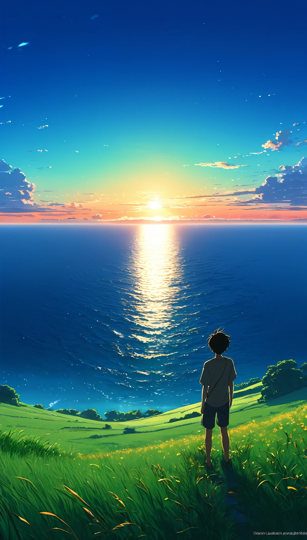 Beautiful and serene anime landscape, ((with clean sky bintage effect)), sunset ((without clouds)), dreamy, incredible. A boy looking towards the empty horizon, an incredible clear sky, fascinating, dreamy, surreal, well detailed, photoshop, anime-realistic, anime landscape wallpaper, landscape anime, anime landscape wallpapers, anime beautiful scene peace, beautiful anime landscape, anime sky anime. by makoto shinkai, Rhads and Lois Van Baarle, makoto shinkai cyril rolando, anime background art, 4k anime art wallpaper, clear sky