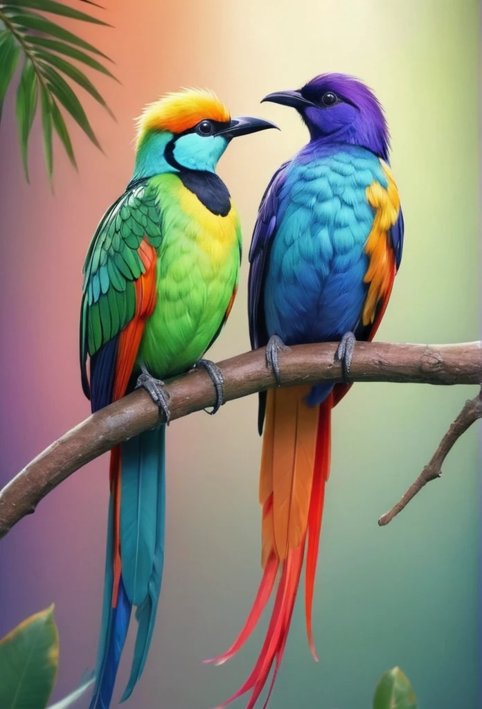 there are two colorful birds sitting on a branch with leaves, Detailed picture, inspired by Charles Bird King, trends in cg society, fantasy art, colorful birds, mystical birds, beautiful feathers, colorful HD picture, variegated plumage,, tropical birds, detailed beautiful animals, Beautiful and colorful, very detailed birds, beautifully drawn, birds of paradise, colorful bird with long