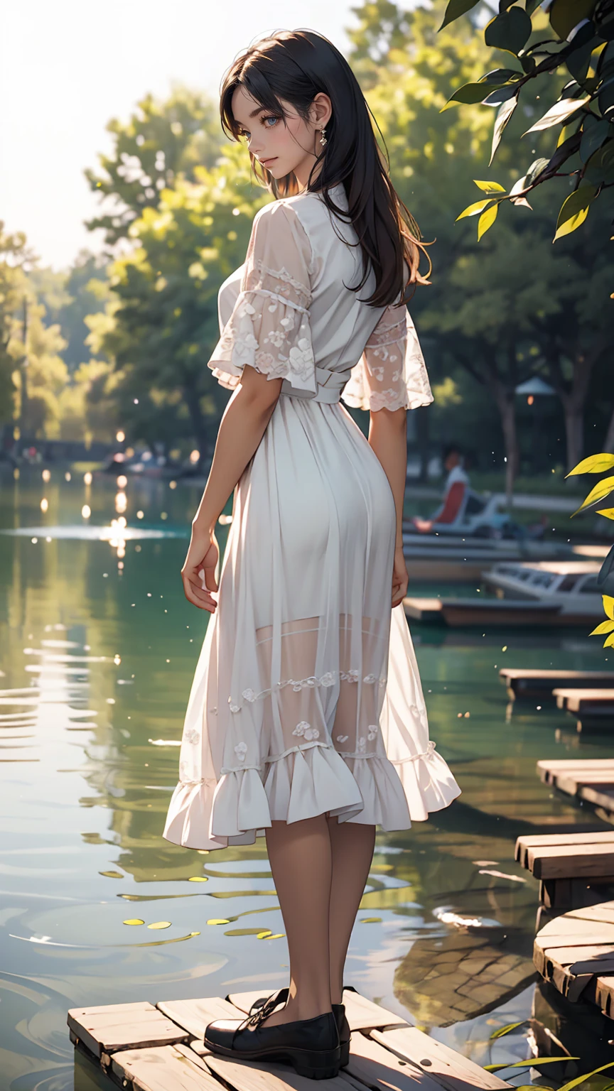 Quiet Lake、One white woman、Standing on the lakeside、smile