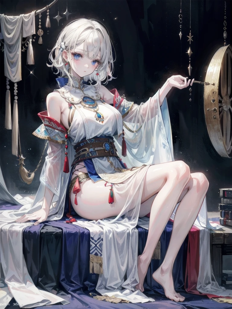 tribal poncho, absurdres, RAW photo, extremely delicate and beautiful, masterpiece, Best Quality, ultra high resolution, 32k, hyperrealistic, ultra-detailed, detailed description, pale skin, 20 years old, tearful mole, earring, huge round breasts, short medium hair, wavy hair, full body shot,
