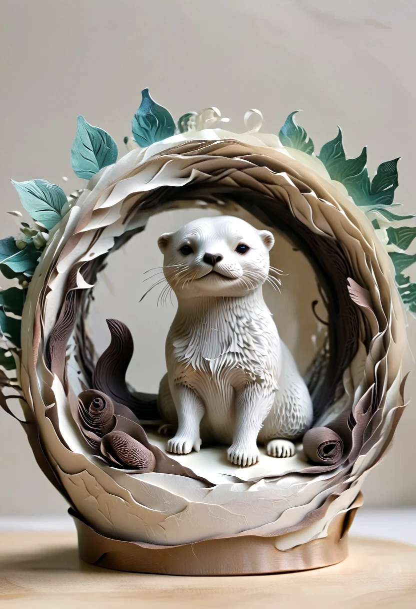 (paper art,layered paper art,Roll paper,Decoupage,Paper carving),Intricate details, Lifelike Otter,,Simple background, (soft light, Bokeh)