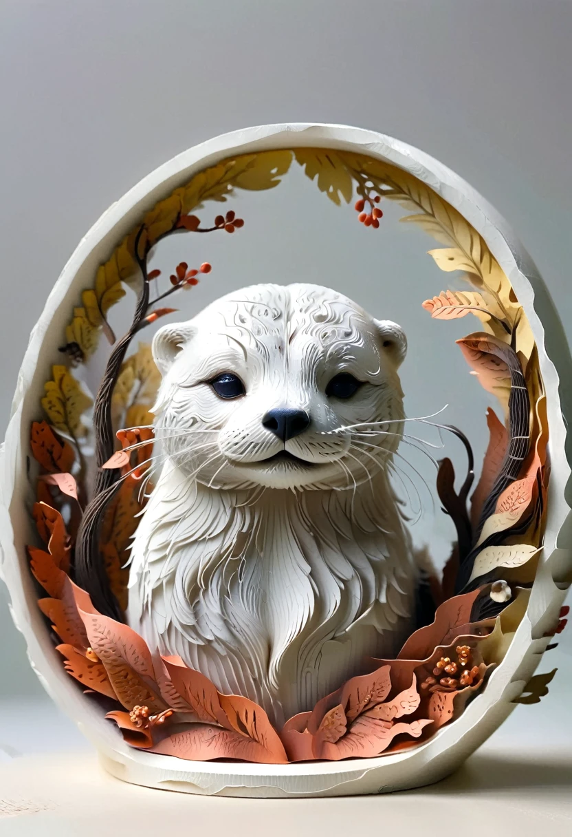 (paper art,layered paper art,Roll paper,Decoupage,Paper carving),Intricate details, Lifelike Otter,，Simple background,  (soft light, Bokeh)