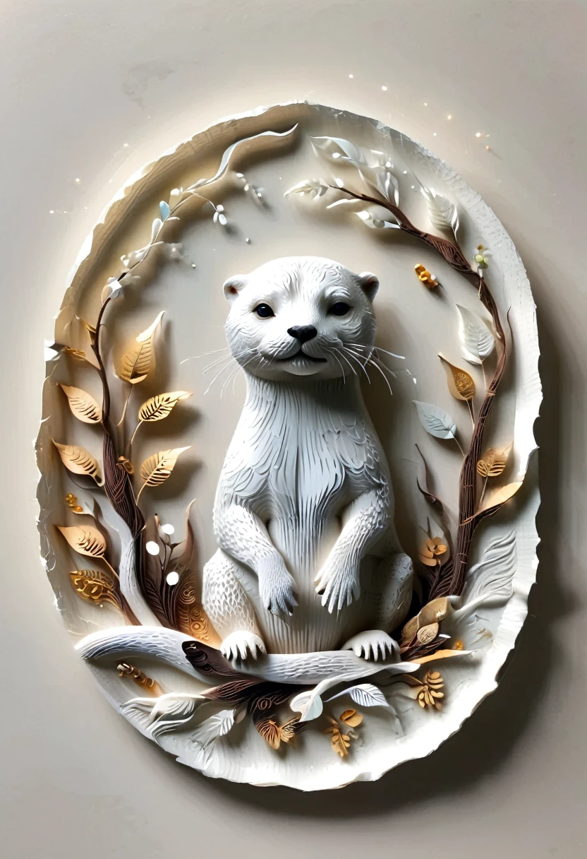 (paper art,layered paper art,Roll paper,Decoupage,Paper carving),Intricate details, Lifelike Otter,，Simple background,  (soft light, Bokeh)