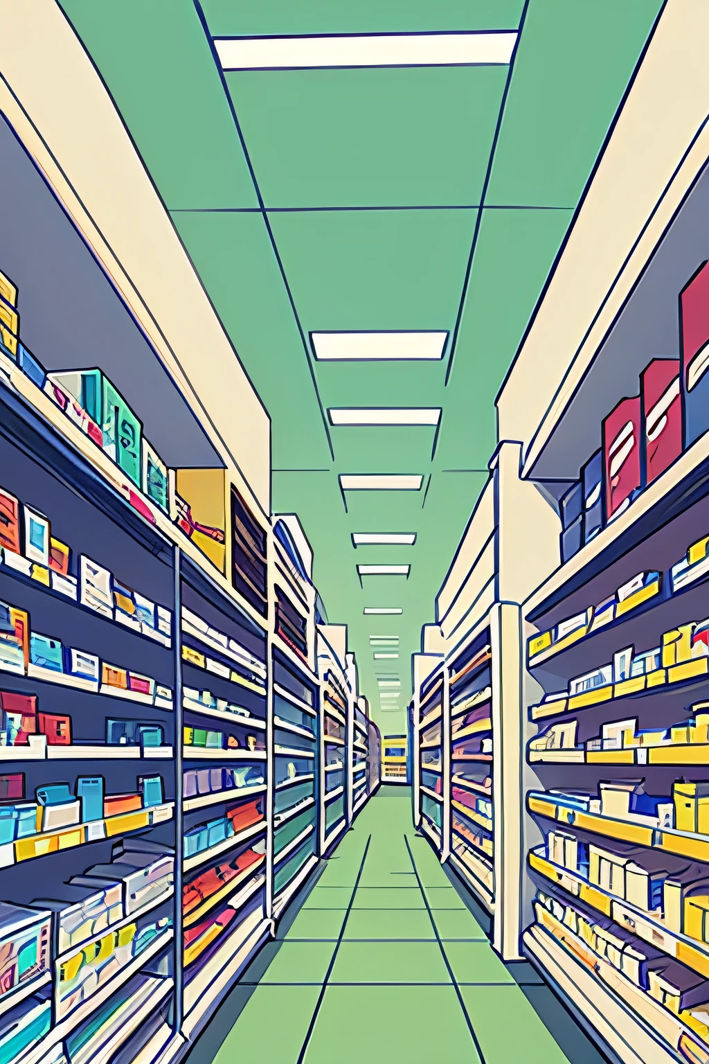 aisle of a pharmacy, no people, comic style