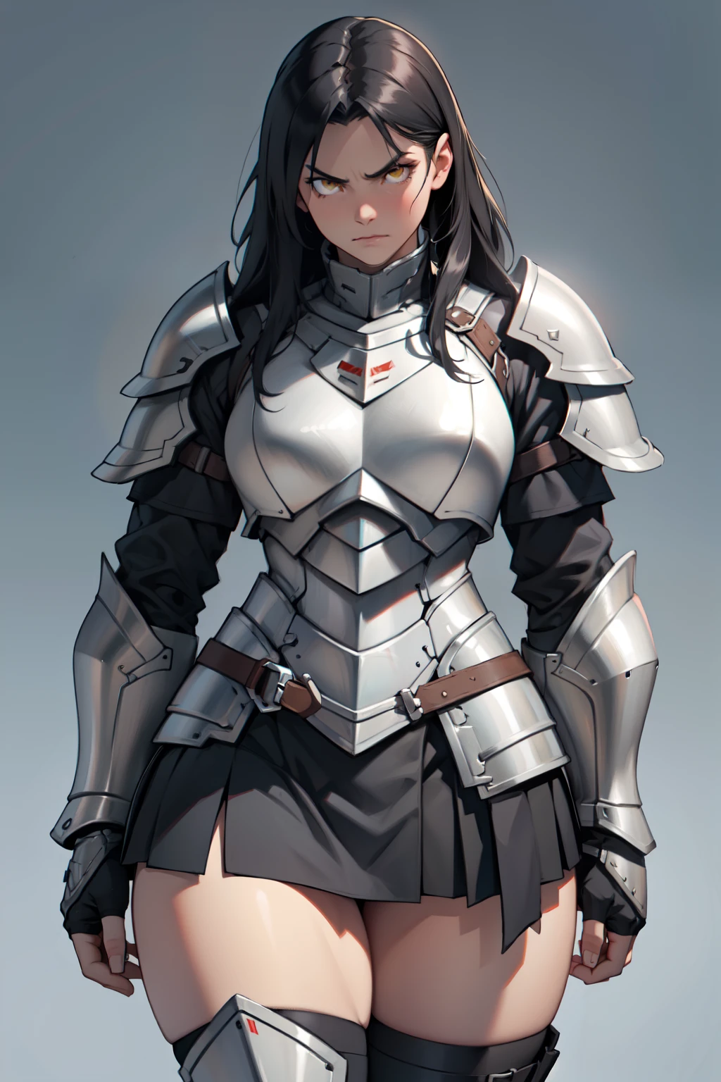 grey background (((muscular))), (thick thighs, toned body, 1 girl), black hair, pale skin, yellow eyes, angry, very long hair armor armor armor armor armor armor armor armor armor armor armor armor armor armor armor armor armor armor armor armor armor armor armor armor armor armor armor armor armor armor armor armor armor armor armor armor armor armor skirt