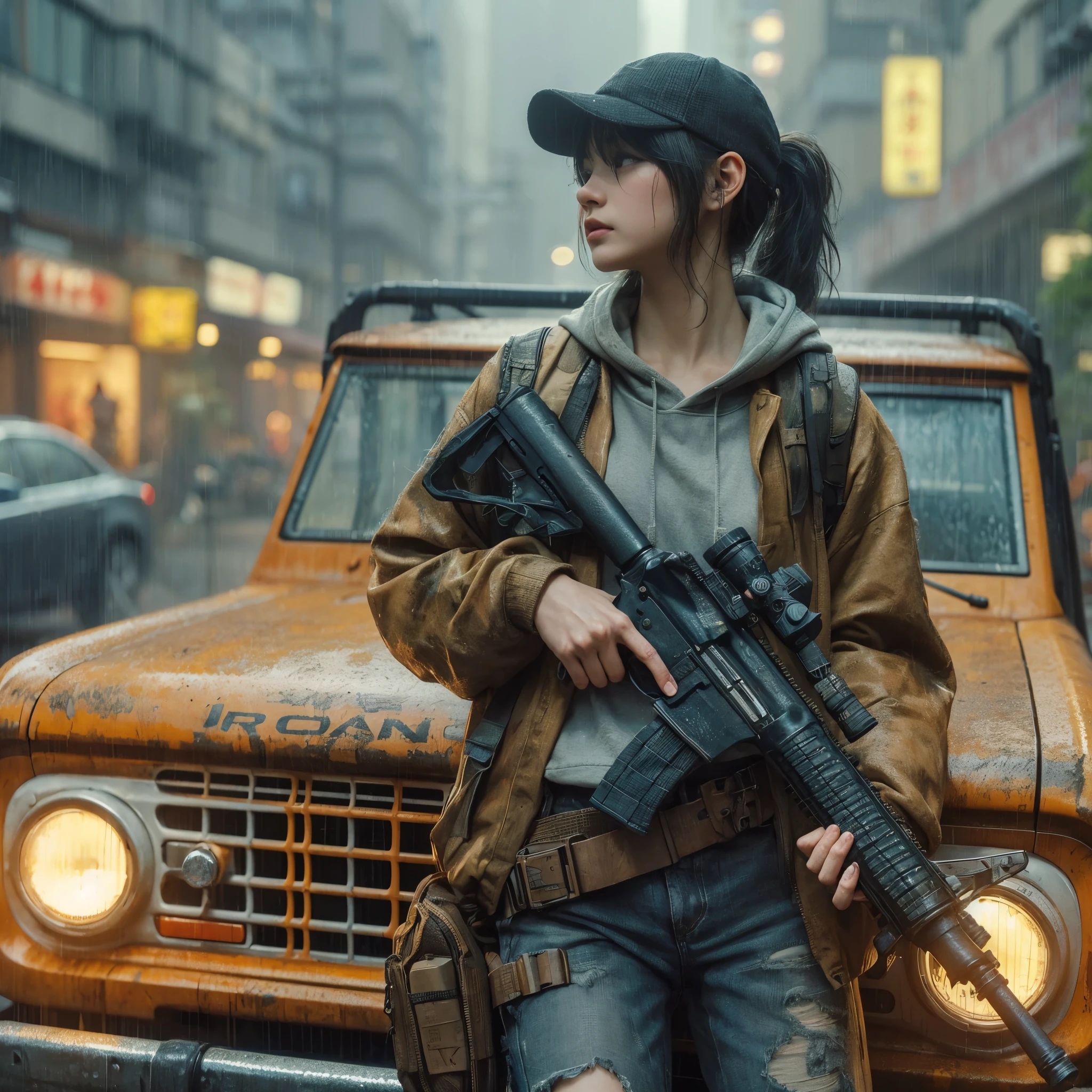 8k,Realistic Skin Texture、Realistic Photo、Neo Tokyo、Japanese women、Near future、AD2050、Dirty hunting jacket、Wearing multiple shirts and hoodies、Used automatic rifle、sneakers、Knit cap、、cold、Dynamic pose、Innovative composition、revenge、Near futureの街に不釣り合いな古びた1966年製フォード・ブロンコ、cyber punk、、